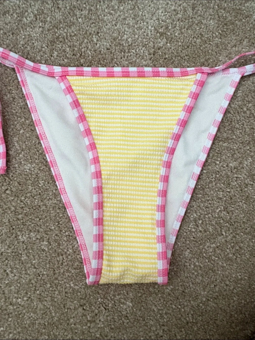 Vibrant Yellow Stripe Bikini with Pink Gingham Trim